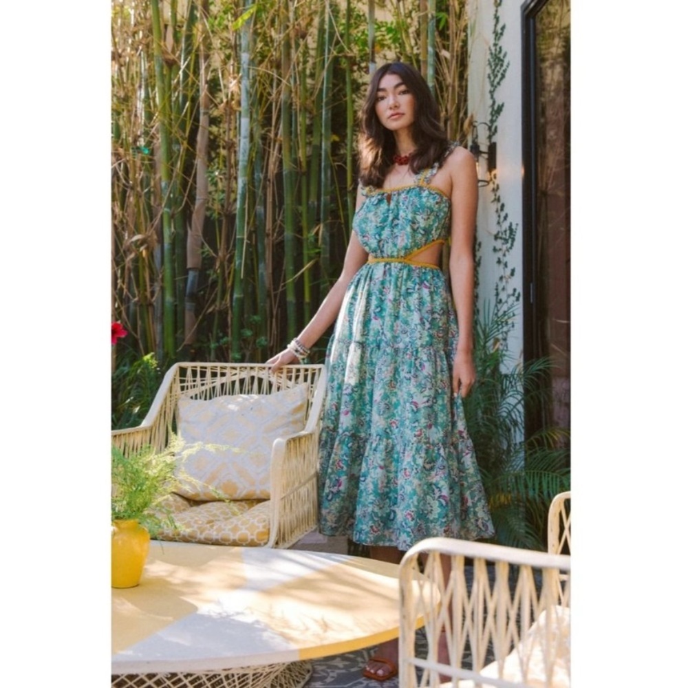 Anthropologie || Current Air Lasalle Open Back Cutout Midi Dress Floral Green‎ S